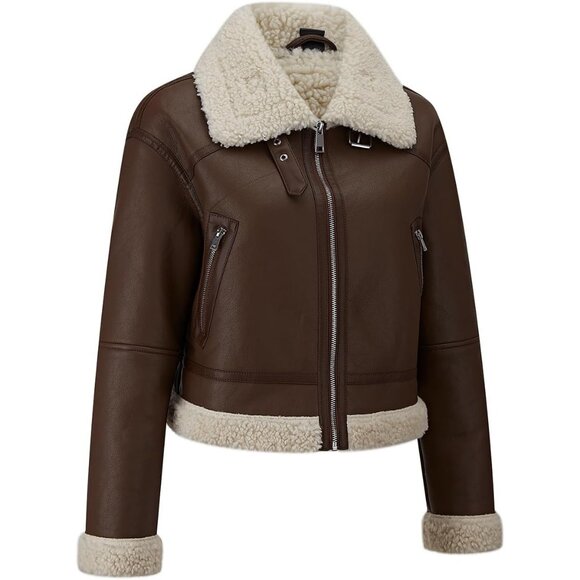 Women's Fur Leather Jacket Shearing Cropped Faux Fur Lined Moto Biker 155 Brown - Picture 2 of 5